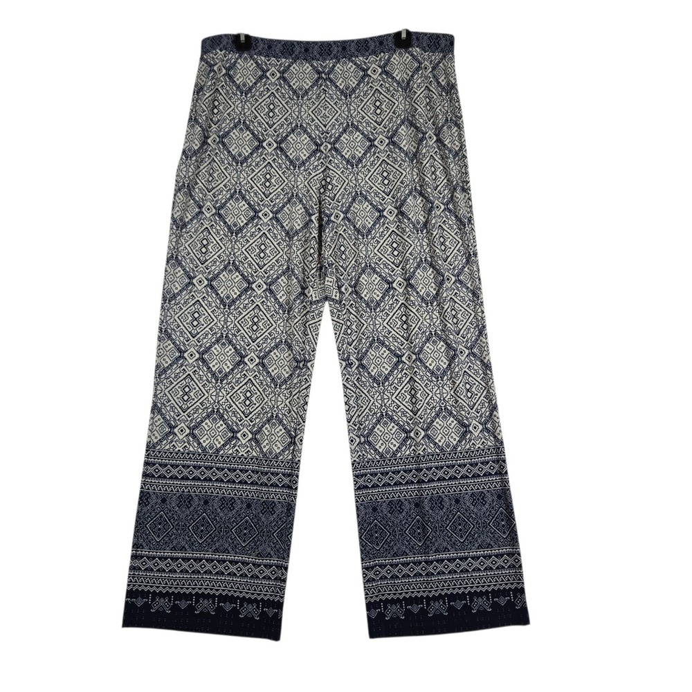 Susan Graver Palazzo Pants Womens XL Blue White Stretch Silky Knit Elastic Waist